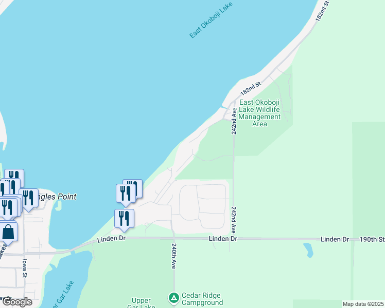 map of restaurants, bars, coffee shops, grocery stores, and more near 24000 187th Street in Spirit Lake
