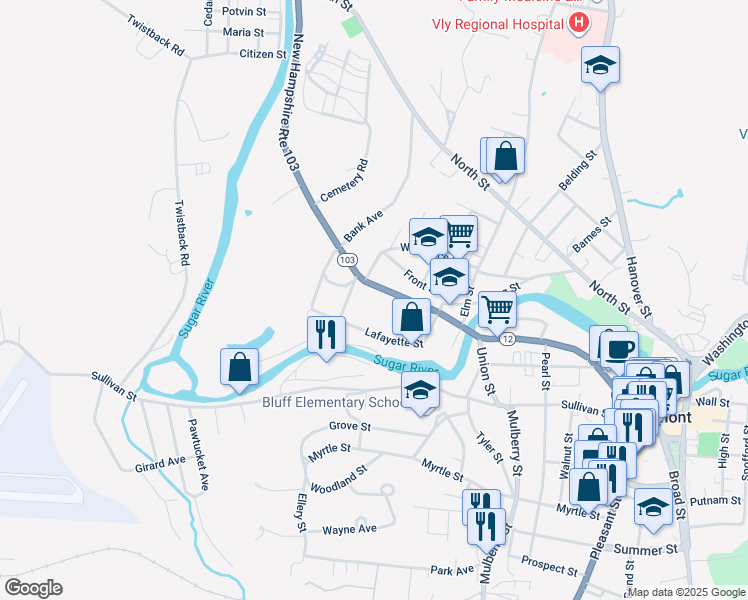 map of restaurants, bars, coffee shops, grocery stores, and more near 221 Main Street in Claremont