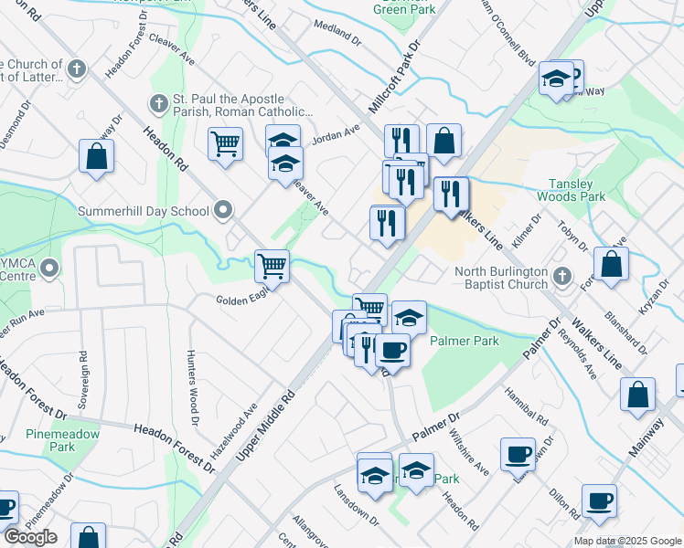 map of restaurants, bars, coffee shops, grocery stores, and more near 2030 Cleaver Avenue in Burlington