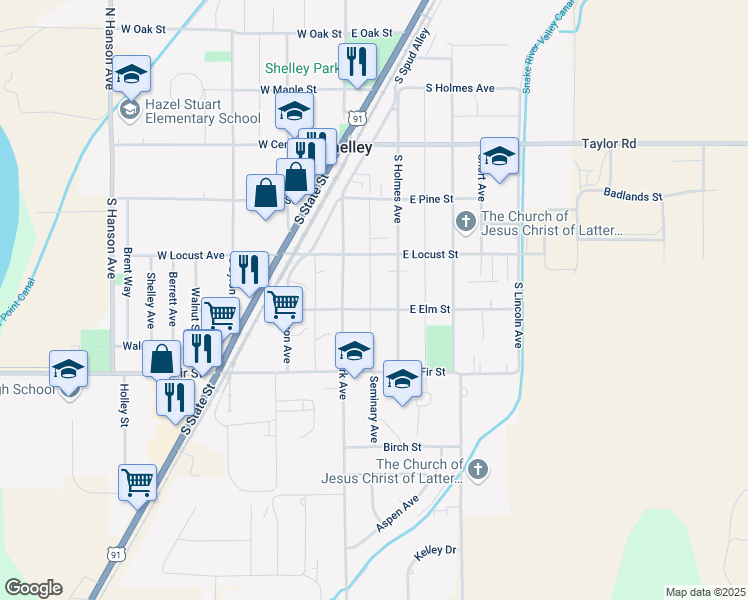 map of restaurants, bars, coffee shops, grocery stores, and more near 173 East Elm Street in Shelley