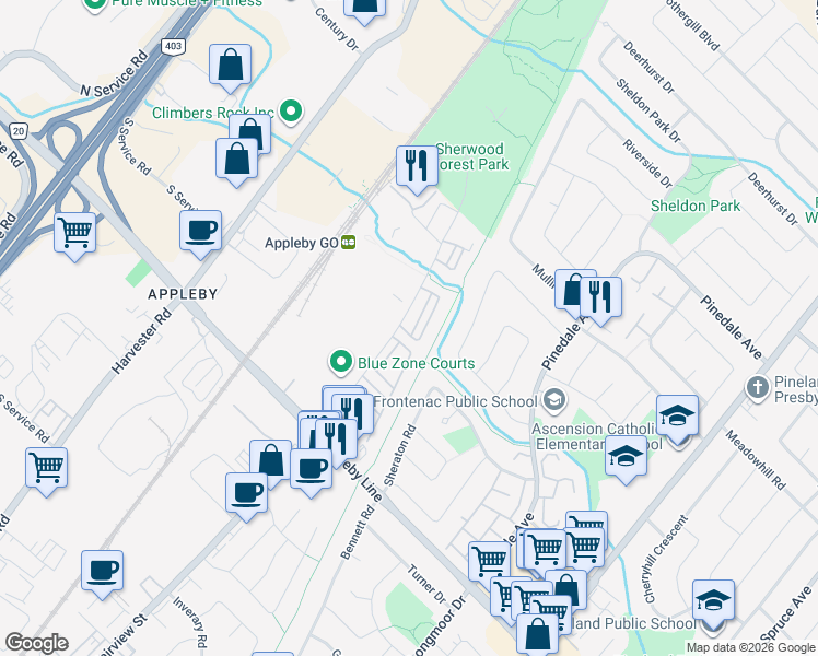map of restaurants, bars, coffee shops, grocery stores, and more near 5090 Fairview Street in Burlington