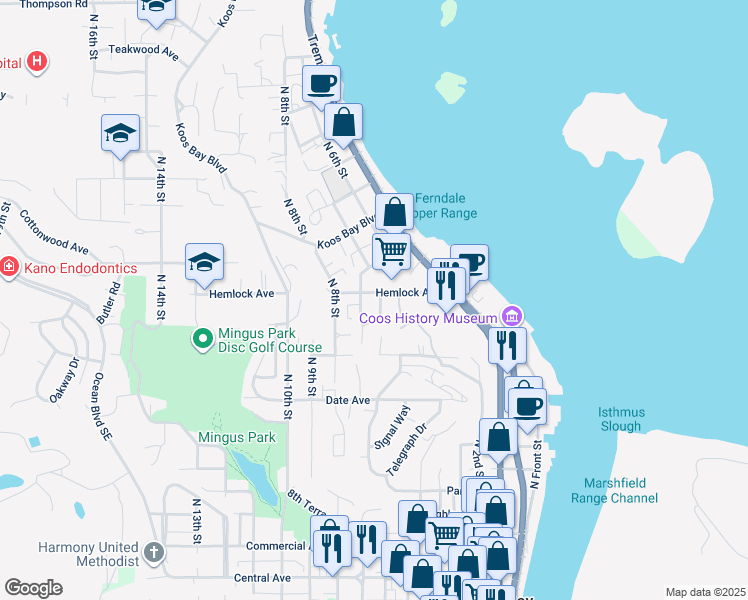 map of restaurants, bars, coffee shops, grocery stores, and more near 602 Hemlock Avenue in Coos Bay