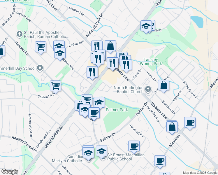 map of restaurants, bars, coffee shops, grocery stores, and more near in Burlington