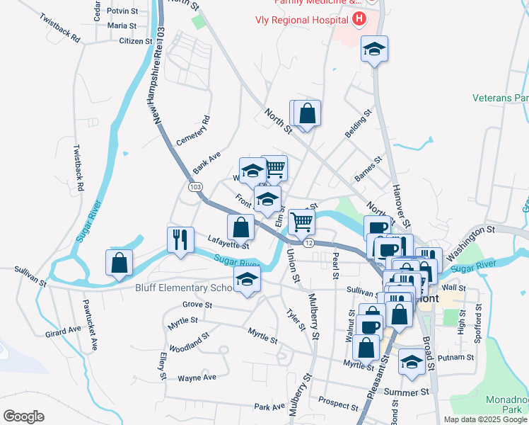 map of restaurants, bars, coffee shops, grocery stores, and more near 9 Front Street in Claremont