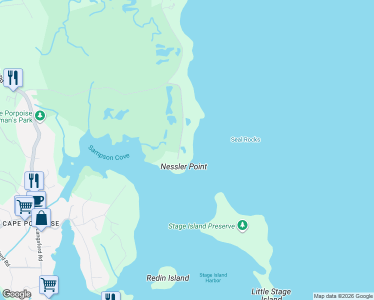 map of restaurants, bars, coffee shops, grocery stores, and more near 36 Skipper Joe's Point Road in Kennebunkport