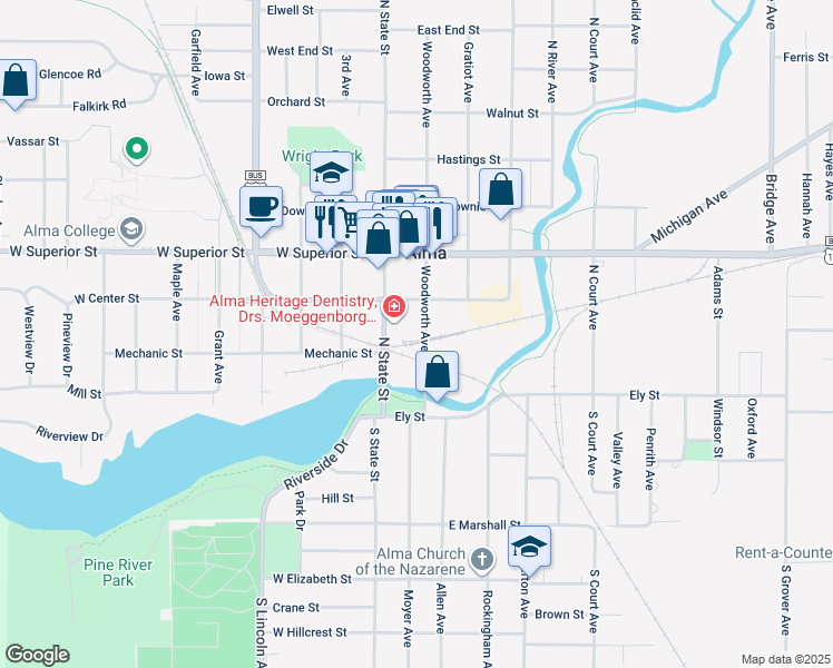 map of restaurants, bars, coffee shops, grocery stores, and more near 224 Woodworth Avenue in Alma