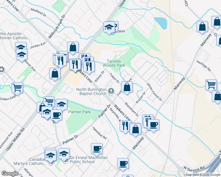 map of restaurants, bars, coffee shops, grocery stores, and more near 1411 Walkers Line in Burlington