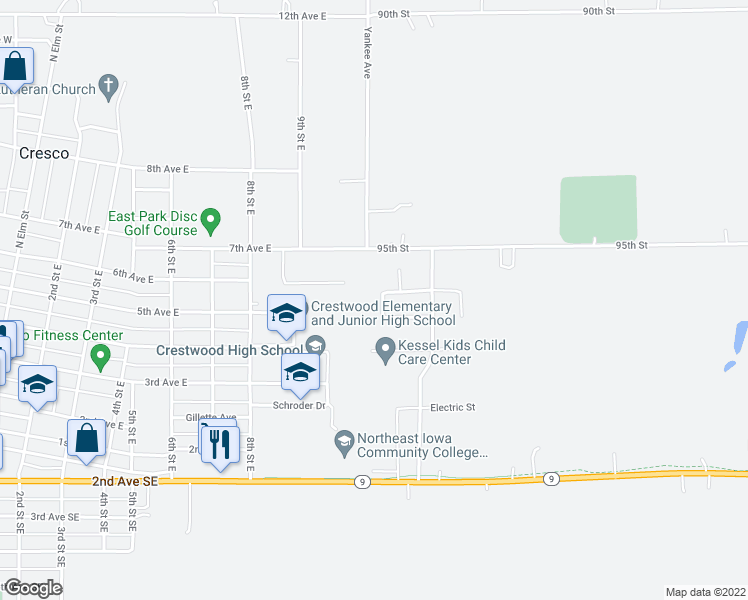 map of restaurants, bars, coffee shops, grocery stores, and more near 1154 Cambridge Street in Cresco