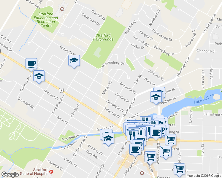 map of restaurants, bars, coffee shops, grocery stores, and more near 86 Charles Street in Stratford