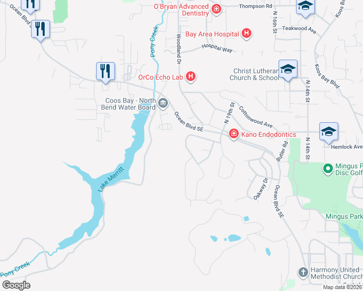 map of restaurants, bars, coffee shops, grocery stores, and more near 2060 Timberline Drive in Coos Bay