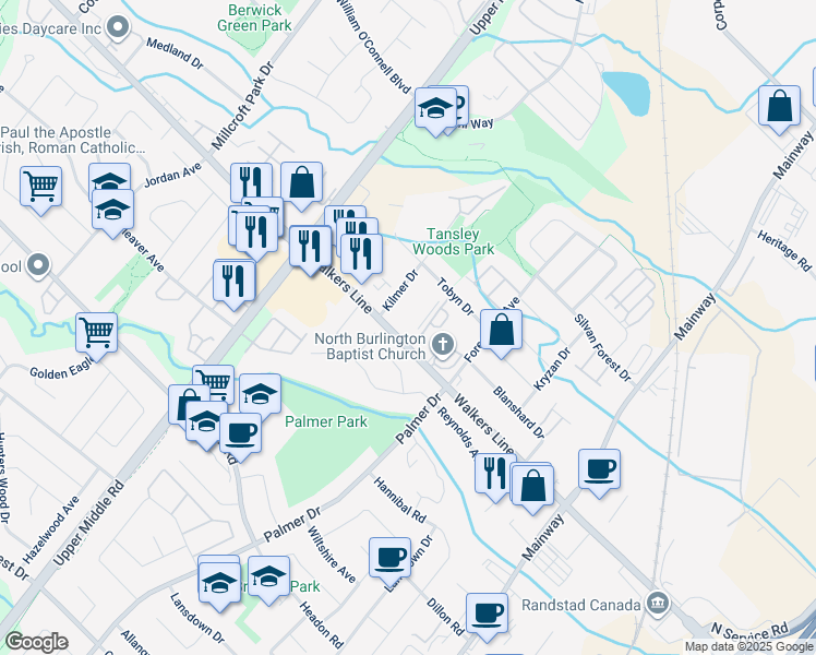 map of restaurants, bars, coffee shops, grocery stores, and more near 1451 Walkers Line in Burlington