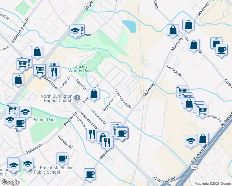 map of restaurants, bars, coffee shops, grocery stores, and more near 1308 Silvan Forest Drive in Burlington