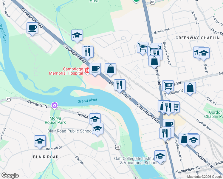 map of restaurants, bars, coffee shops, grocery stores, and more near 650 Coronation Boulevard in Cambridge