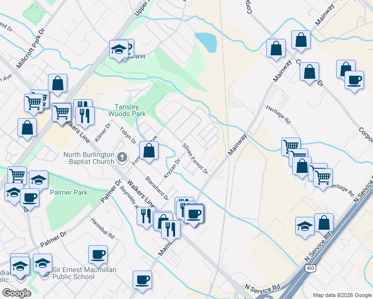 map of restaurants, bars, coffee shops, grocery stores, and more near 1300 Silvan Forest Drive in Burlington