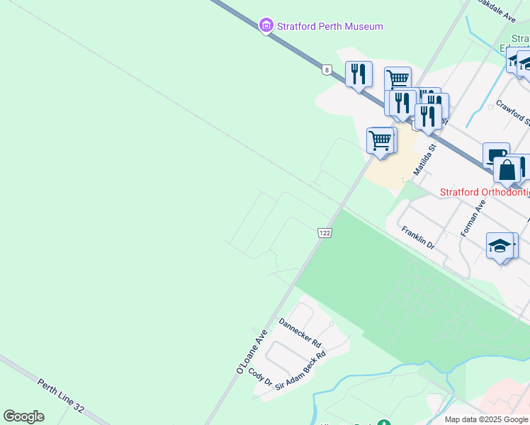 map of restaurants, bars, coffee shops, grocery stores, and more near 106 Brown Street in Stratford