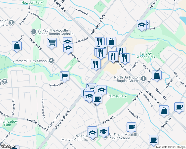 map of restaurants, bars, coffee shops, grocery stores, and more near 2010 Cleaver Avenue in Burlington