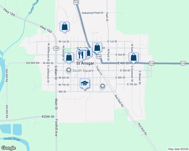 map of restaurants, bars, coffee shops, grocery stores, and more near 213 South Franklin Street in Saint Ansgar