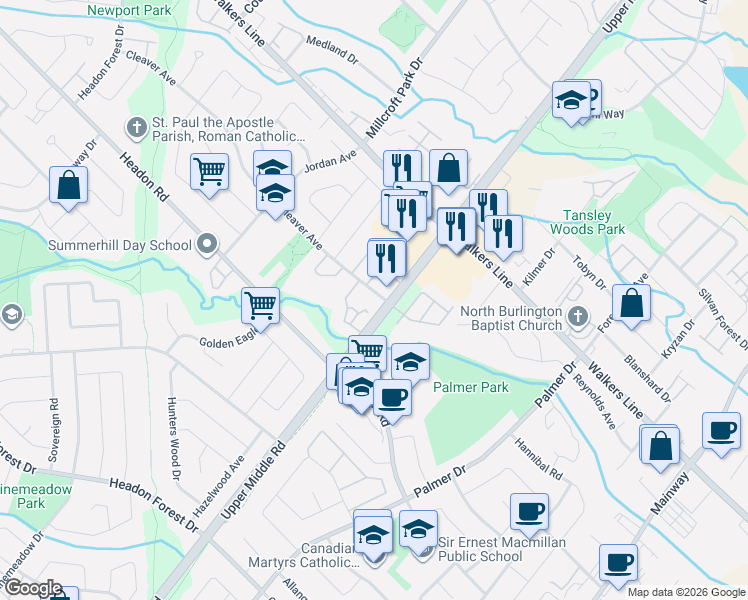 map of restaurants, bars, coffee shops, grocery stores, and more near in Burlington