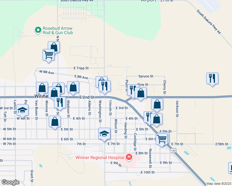 map of restaurants, bars, coffee shops, grocery stores, and more near 626 East 2nd Street in Winner