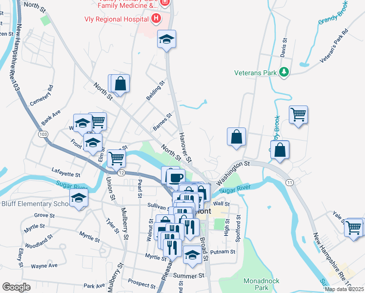 map of restaurants, bars, coffee shops, grocery stores, and more near 26 Hanover Street in Claremont