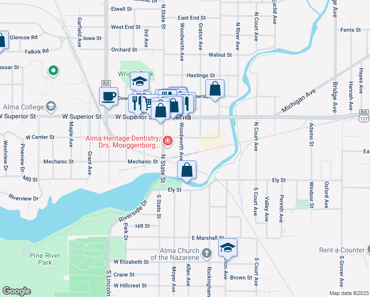 map of restaurants, bars, coffee shops, grocery stores, and more near 224 Woodworth Avenue in Alma