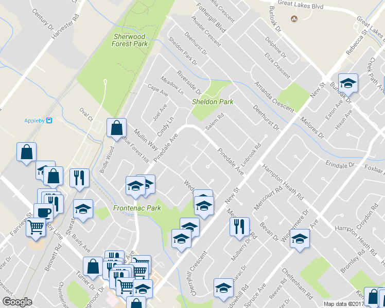 map of restaurants, bars, coffee shops, grocery stores, and more near 570 Forestwood Crescent in Burlington