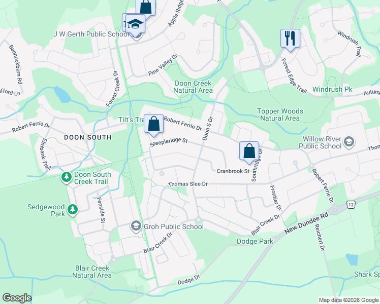 map of restaurants, bars, coffee shops, grocery stores, and more near 160 Cranbrook Street in Kitchener
