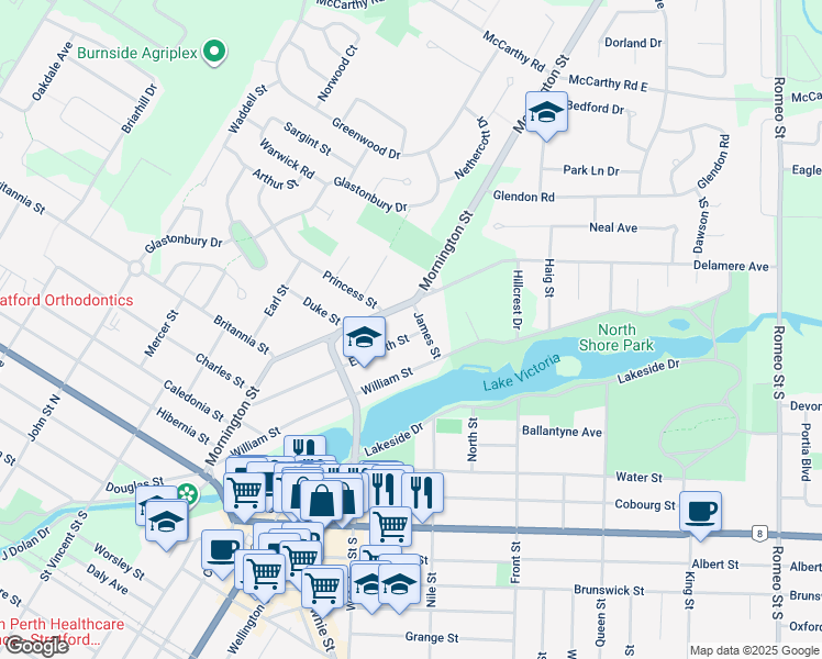 map of restaurants, bars, coffee shops, grocery stores, and more near 180 Elizabeth Street in Stratford