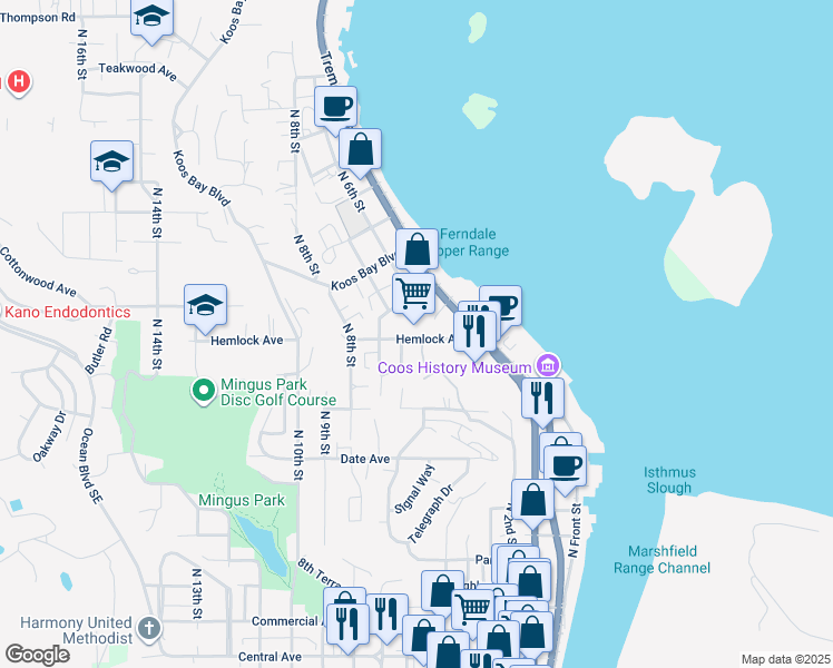 map of restaurants, bars, coffee shops, grocery stores, and more near 602 Hemlock Avenue in Coos Bay