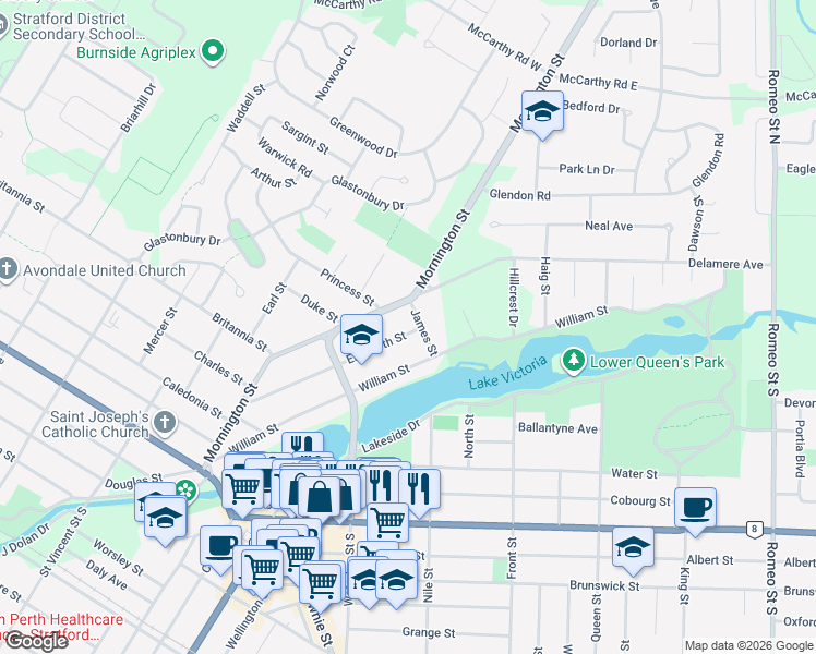 map of restaurants, bars, coffee shops, grocery stores, and more near 180 Elizabeth Street in Stratford