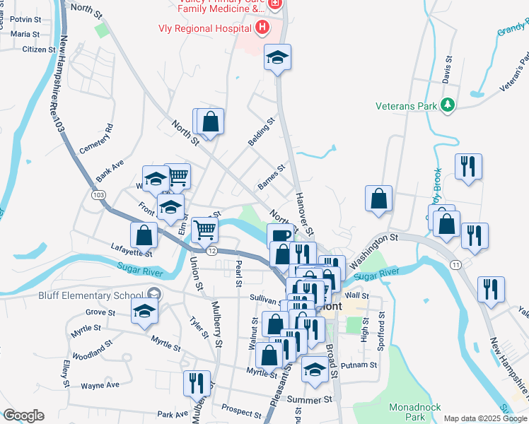 map of restaurants, bars, coffee shops, grocery stores, and more near 99 North Street in Claremont