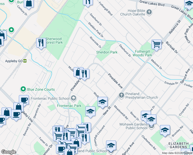 map of restaurants, bars, coffee shops, grocery stores, and more near 570 Forestwood Crescent in Burlington