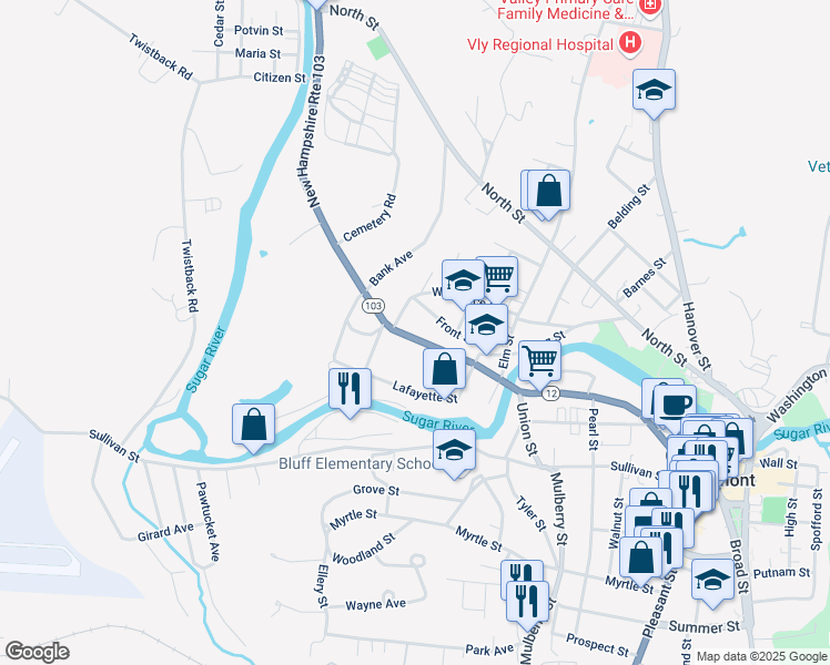 map of restaurants, bars, coffee shops, grocery stores, and more near 221 Main Street in Claremont