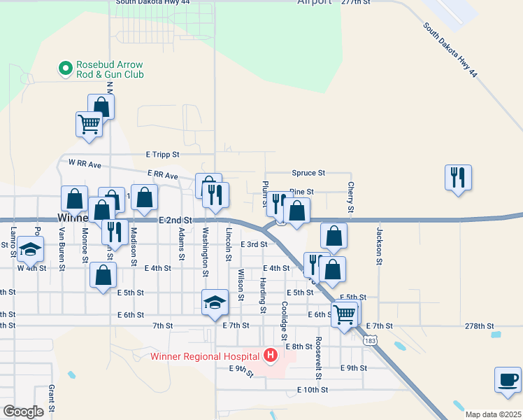 map of restaurants, bars, coffee shops, grocery stores, and more near 121 Plum Street in Winner
