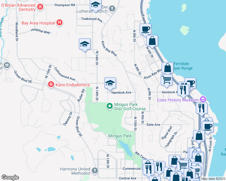 map of restaurants, bars, coffee shops, grocery stores, and more near 1170 Hemlock Avenue in Coos Bay