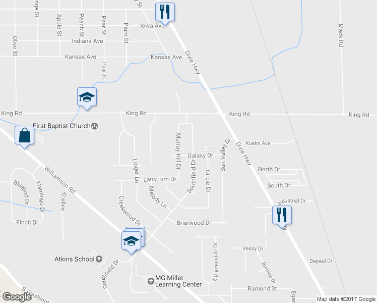 map of restaurants, bars, coffee shops, grocery stores, and more near 2821 Galaxy Drive in Saginaw