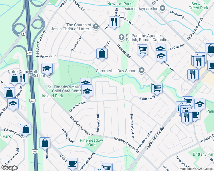 map of restaurants, bars, coffee shops, grocery stores, and more near 2141 Hunt Crescent in Burlington