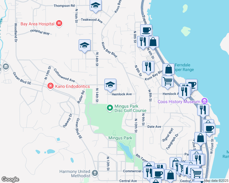 map of restaurants, bars, coffee shops, grocery stores, and more near 1170 Hemlock Avenue in Coos Bay