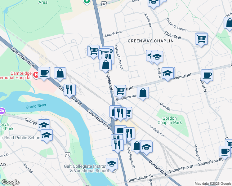 map of restaurants, bars, coffee shops, grocery stores, and more near 105 Hespeler Road in Cambridge