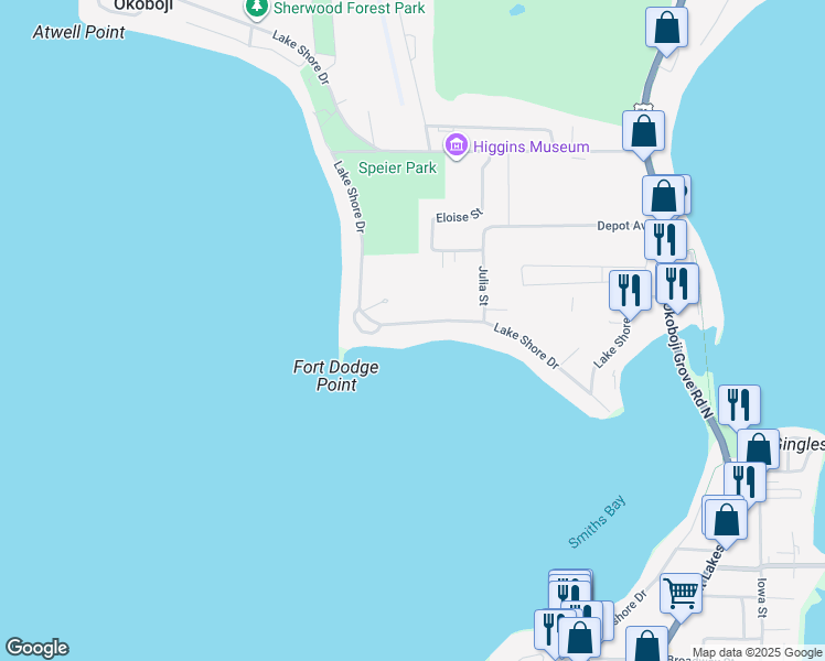 map of restaurants, bars, coffee shops, grocery stores, and more near 2011 Lake Shore Drive in Okoboji