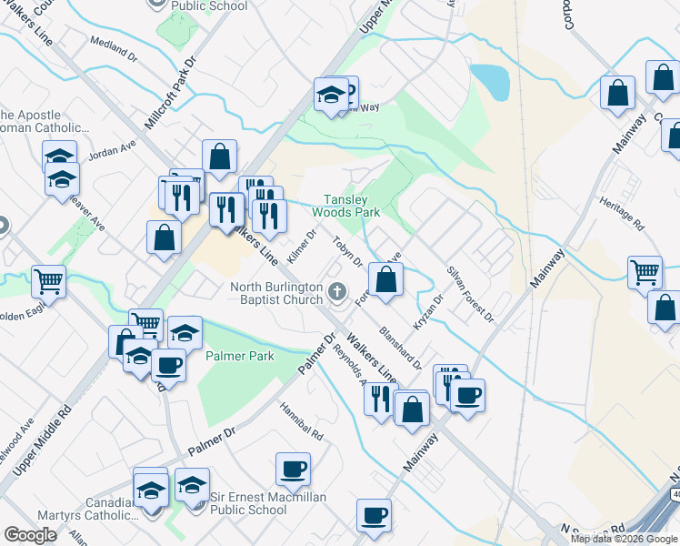 map of restaurants, bars, coffee shops, grocery stores, and more near in Burlington