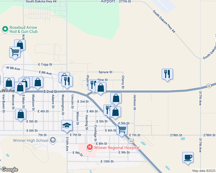 map of restaurants, bars, coffee shops, grocery stores, and more near 861 South Dakota 44 in Winner