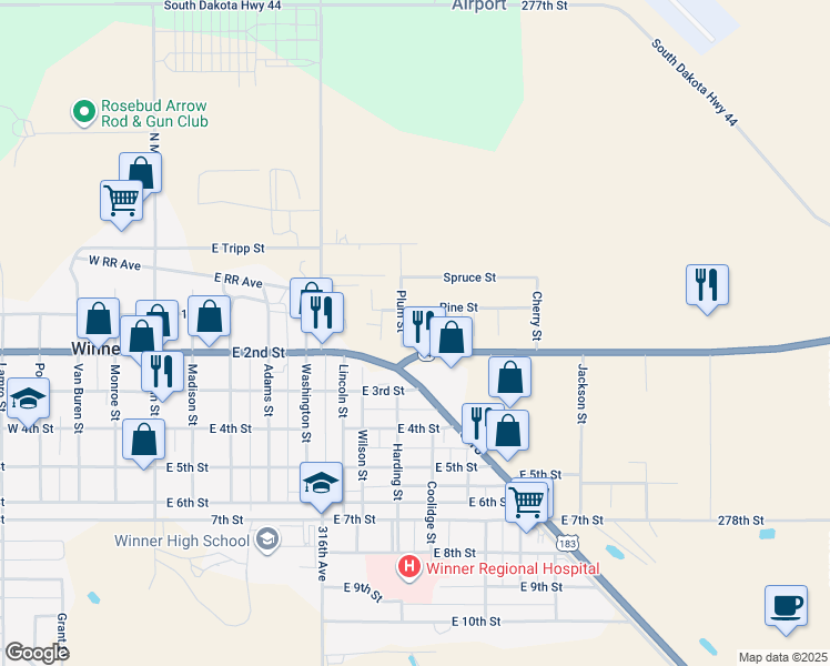 map of restaurants, bars, coffee shops, grocery stores, and more near 121 Plum Street in Winner