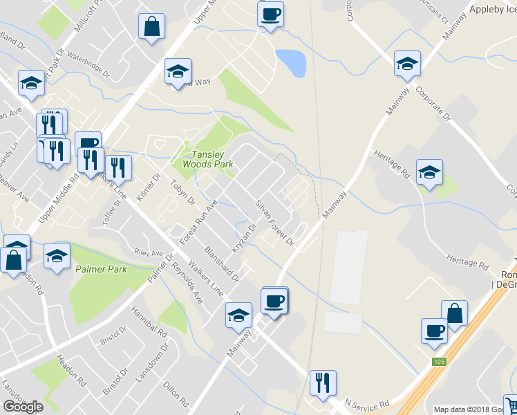 map of restaurants, bars, coffee shops, grocery stores, and more near 1308 Silvan Forest Drive in Burlington