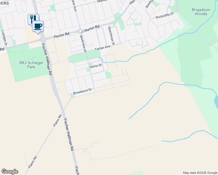 map of restaurants, bars, coffee shops, grocery stores, and more near 265 Plains Road in Kitchener
