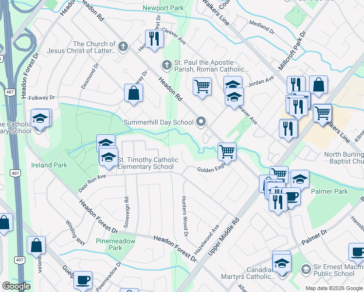 map of restaurants, bars, coffee shops, grocery stores, and more near 2097 Edgebank Court in Burlington