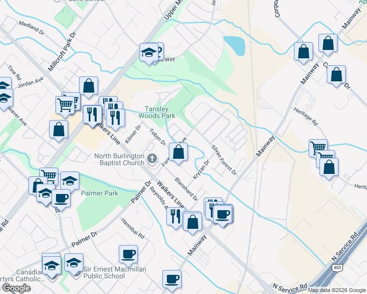 map of restaurants, bars, coffee shops, grocery stores, and more near 1321 Inglehart Drive in Burlington