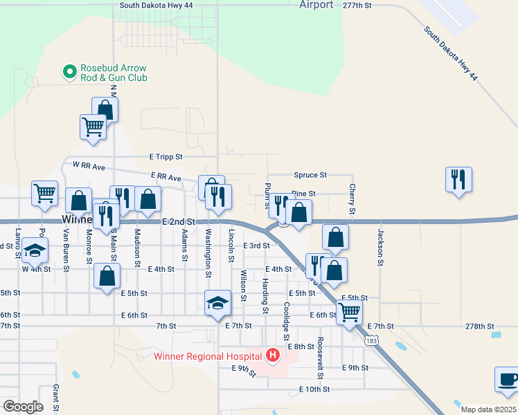 map of restaurants, bars, coffee shops, grocery stores, and more near 121 Plum Street in Winner