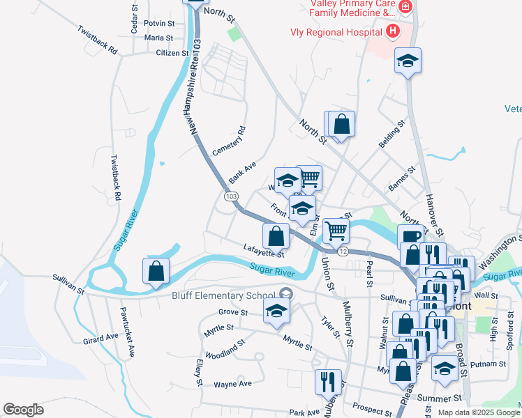 map of restaurants, bars, coffee shops, grocery stores, and more near 221 Main Street in Claremont