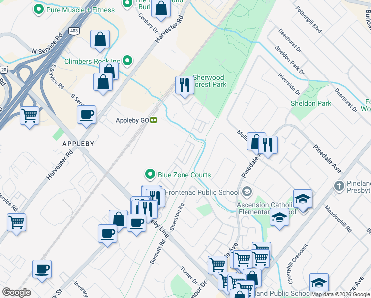 map of restaurants, bars, coffee shops, grocery stores, and more near 5090 Fairview Street in Burlington